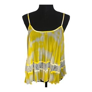 NWT BCBGeneration Sunbeam Yellow Tie Dye Pleated Cami Top Sz S Sheer Lace Hem